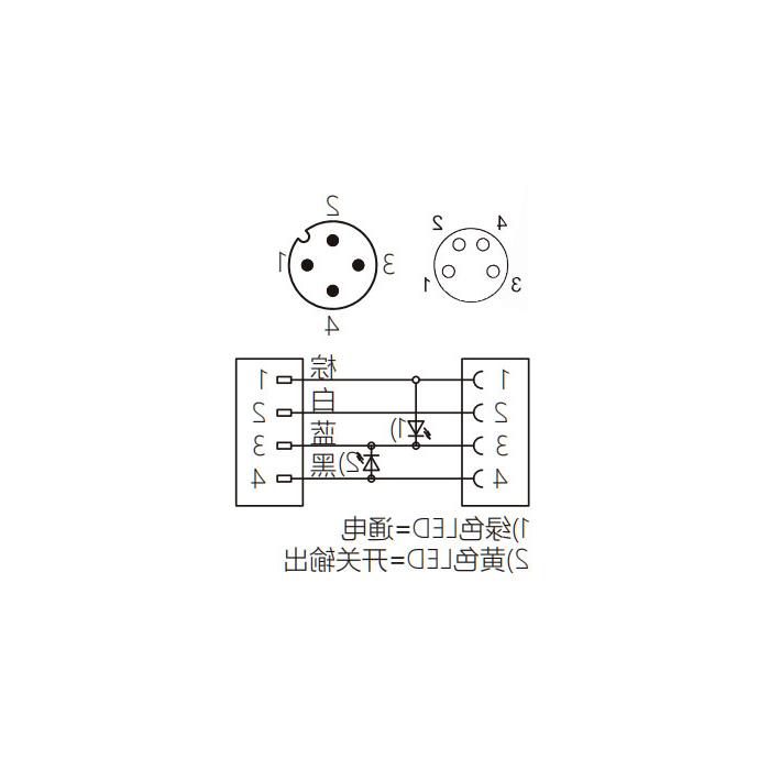 M8 to M12 4Pin, M8 straight female head with LED light to M12 straight male head, double end precast PUR flexible cable, black sheath, 63D311-XXX